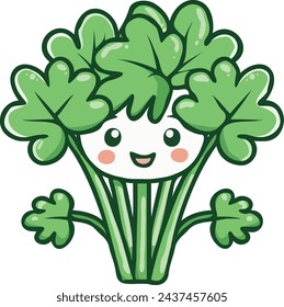 Cute Kawaii Cilantro Vector Illustration, Coriander Herb Illustration. Funny Herbaceous Plant Cilantro Illustration For food And Seasoning