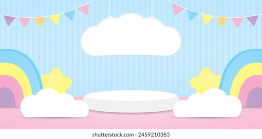 cute kawaii circle podium with cloud display prop and hanging sign and sweet colorful pastel rainbow stand 3d illustration vector for putting product or object