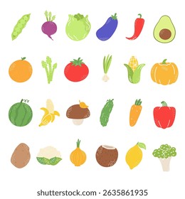 Cute kawaii clipart set fruit and veggie icons in flat style: tomato, banana, avocado, broccoli, and more. Perfect for healthy food stickers and playful childrens designs