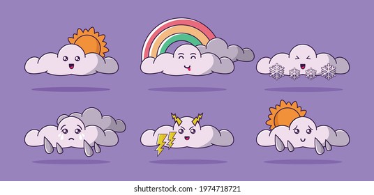 Cute kawaii cloud with different weather. Mascot character set