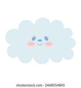 Cute kawaii cloud in hand draw flat style isolated on white background. Children vector illustration.Cartoon funny baby animal character design.Soft pastel colors.