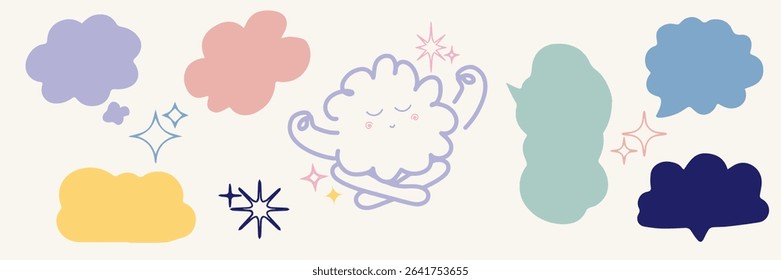 cute kawaii cloud, pastel , Meditation, Set of stars in shape	