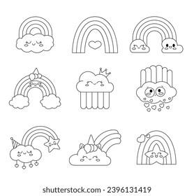 Cute kawaii cloud and rainbow cartoon characters. Coloring Page. Smiling face emotion. Hand drawn style. Vector drawing. Collection of design elements.