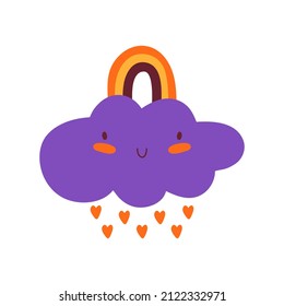 Cute kawaii cloud with a rainbow and rain of hearts. Cartoon character funny cloud smiling. Rainy weather. Hand drawn hand vector illustration