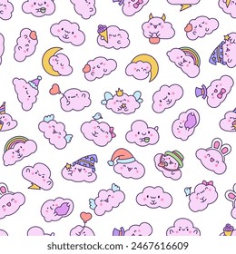 Cute and kawaii cloud. Seamless pattern. Cartoon weather character. Hand drawn style. Vector drawing. Design ornaments.