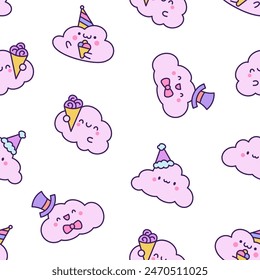 Cute and kawaii cloud. Seamless pattern. Cartoon weather character. Hand drawn style. Vector drawing. Design ornaments.