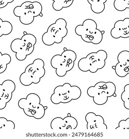 Cute and kawaii cloud. Seamless pattern. Coloring Page. Cartoon weather character. Hand drawn style. Vector drawing. Design ornaments.