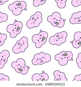 Cute and kawaii cloud. Seamless pattern. Cartoon weather character. Hand drawn style. Vector drawing. Design ornaments.