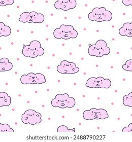 Cute and kawaii cloud. Seamless pattern. Cartoon weather character. Hand drawn style. Vector drawing. Design ornaments.