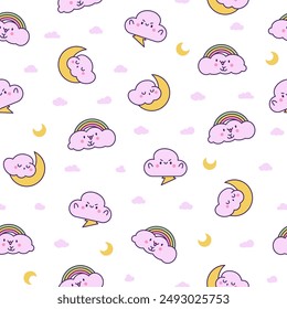 Cute and kawaii cloud. Seamless pattern. Cartoon weather character. Hand drawn style. Vector drawing. Design ornaments.