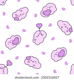 Cute and kawaii cloud. Seamless pattern. Cartoon weather character. Hand drawn style. Vector drawing. Design ornaments.