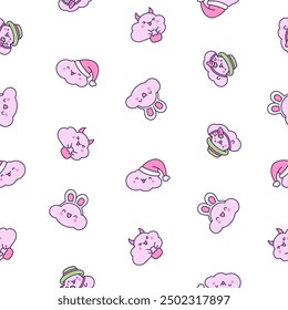 Cute and kawaii cloud. Seamless pattern. Cartoon weather character. Hand drawn style. Vector drawing. Design ornaments.