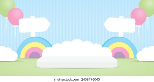 cute kawaii cloud shape display stage with rainbow and balloons on green floor and blue wall backdrop 3d illustration vector for putting object or product