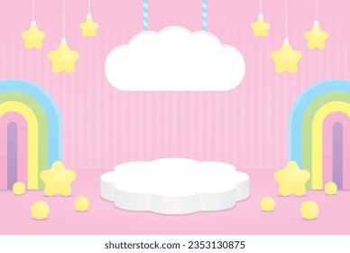 cute kawaii cloud shape podium stage and hanging sign with sweet rainbow arch and stars 3d illustration vector for putting object