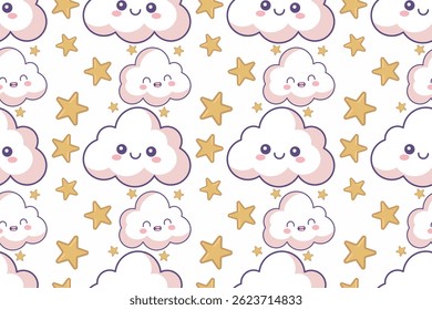Nuvem Kawaii bonito e padrão sem emenda estrela. Adorável nuvem kawaii e estrela padrão sem costura perfeito para produtos do bebê, tecido infantil e fundos fofos. eps10