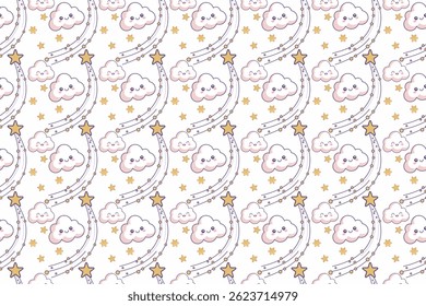 Cute Kawaii Cloud and Star Seamless Pattern. Adorable kawaii cloud and star seamless pattern perfect for baby products, kids fabric, and cute backgrounds. eps10