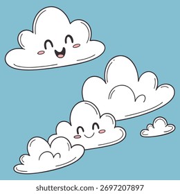Cute Kawaii Clouds with Happy Faces on Blue Sky cartoon