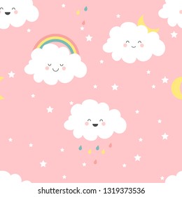 Cute kawaii clouds and rainbow seamless pattern. Vector illustration.