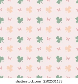 Cute kawaii clover leaves with seamless butterfly pattern with pastel background