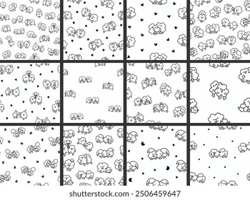 Cute kawaii clovers friends. Seamless pattern. Coloring Page. Funny couple cartoon characters. Hand drawn style. Vector drawing. Collection of design ornaments.