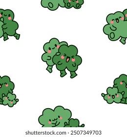 Cute kawaii clovers friends. Seamless pattern. Funny couple cartoon characters. Hand drawn style. Vector drawing. Design ornaments.