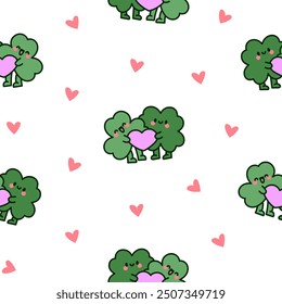 Cute kawaii clovers friends. Seamless pattern. Funny couple cartoon characters. Hand drawn style. Vector drawing. Design ornaments.