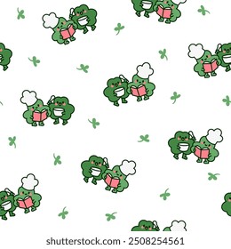 Cute kawaii clovers friends. Seamless pattern. Funny couple cartoon characters. Hand drawn style. Vector drawing. Design ornaments.