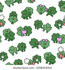 Cute kawaii clovers friends. Seamless pattern. Funny couple cartoon characters. Hand drawn style. Vector drawing. Design ornaments.