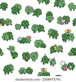 Cute kawaii clovers friends. Seamless pattern. Funny couple cartoon characters. Hand drawn style. Vector drawing. Design ornaments.