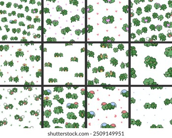 Cute kawaii clovers friends. Seamless pattern. Funny couple cartoon characters. Hand drawn style. Vector drawing. Collection of design ornaments.