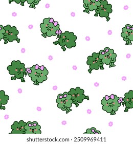 Cute kawaii clovers friends. Seamless pattern. Funny couple cartoon characters. Hand drawn style. Vector drawing. Design ornaments.