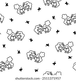 Cute kawaii clovers friends. Seamless pattern. Coloring Page. Funny couple cartoon characters. Hand drawn style. Vector drawing. Design ornaments.