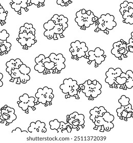 Cute kawaii clovers friends. Seamless pattern. Coloring Page. Funny couple cartoon characters. Hand drawn style. Vector drawing. Design ornaments.