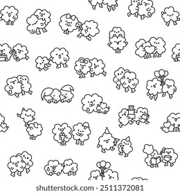 Cute kawaii clovers friends. Seamless pattern. Coloring Page. Funny couple cartoon characters. Hand drawn style. Vector drawing. Design ornaments.