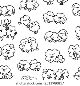 Cute kawaii clovers friends. Seamless pattern. Coloring Page. Funny couple cartoon characters. Hand drawn style. Vector drawing. Design ornaments.