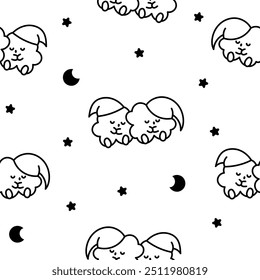 Cute kawaii clovers friends. Seamless pattern. Coloring Page. Funny couple cartoon characters. Hand drawn style. Vector drawing. Design ornaments.