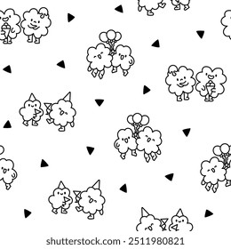 Cute kawaii clovers friends. Seamless pattern. Coloring Page. Funny couple cartoon characters. Hand drawn style. Vector drawing. Design ornaments.