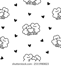 Cute kawaii clovers friends. Seamless pattern. Coloring Page. Funny couple cartoon characters. Hand drawn style. Vector drawing. Design ornaments.