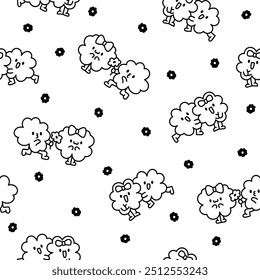 Cute kawaii clovers friends. Seamless pattern. Coloring Page. Funny couple cartoon characters. Hand drawn style. Vector drawing. Design ornaments.