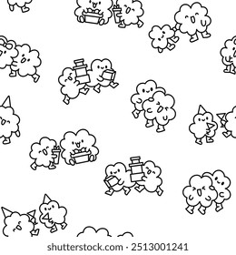 Cute kawaii clovers friends. Seamless pattern. Coloring Page. Funny couple cartoon characters. Hand drawn style. Vector drawing. Design ornaments.