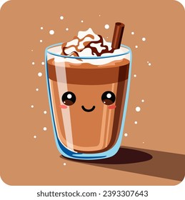 Cute Kawaii cocoa, chocolate or cappuccino with whipped foam in a glass. Kawaii style with funny face. Sweet character. Cute cartoon vector Illustration. For, logos, prints, labels, stickers, etc.