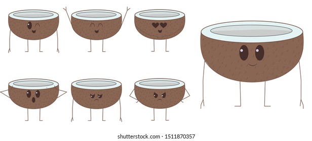 Cute Kawaii coconut, different expressions. fruit coconut-Vector
