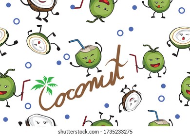 Cute kawaii coconut fruit and palm tree doodle seamless pattern background vector. Premium Vector
