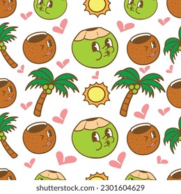 cute kawaii coconut fruit coconut tree and sun mascot seamless pattern