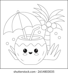 Cute kawaii coconut sipping a tiny straw coloring page