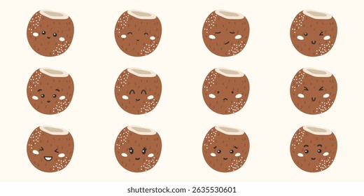 Cute kawaii coconut vector stickers with funny faces and emotions: happy, sad, angry, surprised. Flat characters for kids, education, and healthy eating designs