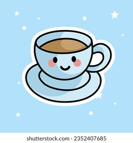 Cute Kawaii Coffe is isolated on a blue background. Vector - Illustration.