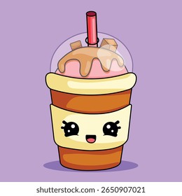 Cute kawaii coffee cup character. Smiling drink with whipped cream and straw on pastel background.