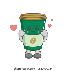 Cute kawaii coffee cup characters are in love with heart balloons