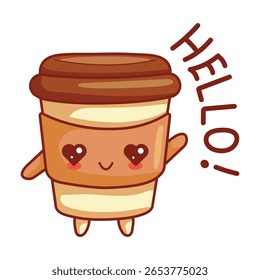  Cute kawaii coffee cup greeting you. Vector illustration of funny coffee character.
